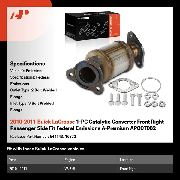 2010-2011 Buick LaCrosse 1-PC Catalytic Converter Front Right Passenger Side Fit Federal Emissions A-Premium APCCT082