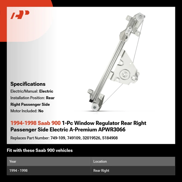 1994-1998 Saab 900 1-Pc Window Regulator Rear Right Passenger Side Electric A-Premium APWR3066