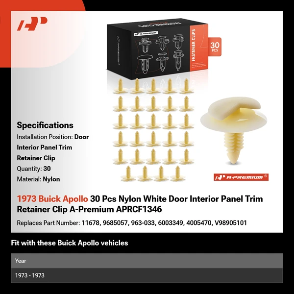1973 Buick Apollo 30 Pcs Nylon White Door Interior Panel Trim Retainer Clip A-Premium APRCF1346