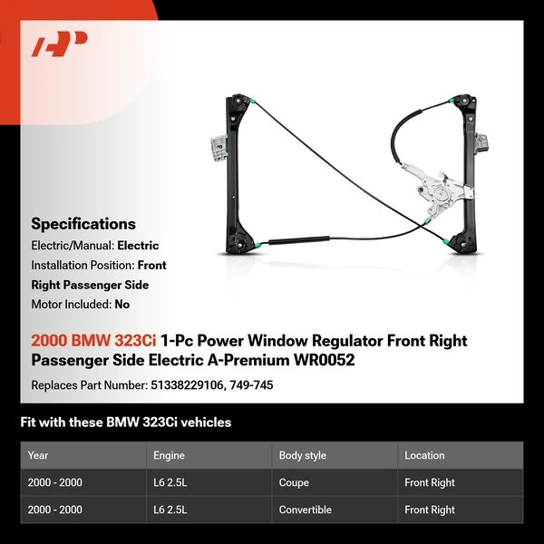2000 BMW 323Ci 1-Pc Power Window Regulator Front Right Passenger Side Electric A-Premium WR0052