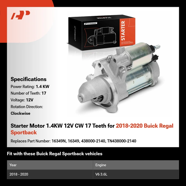 Starter Motor 1.4KW 12V CW 17 Teeth for 2018-2020 Buick Regal Sportback