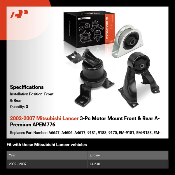 2002-2007 Mitsubishi Lancer 3-Pc Motor Mount Front & Rear A-Premium APEM776