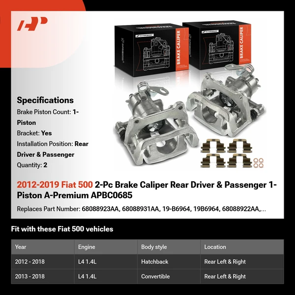 2012-2019 Fiat 500 2-Pc Brake Caliper Rear Driver & Passenger 1-Piston A-Premium APBC0685