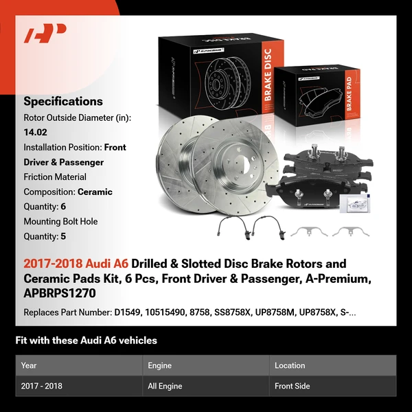 2017-2018 Audi A6 Drilled & Slotted Disc Brake Rotors and Ceramic Pads Kit, 6 Pcs, Front Driver & Passenger, A-Premium, APBRPS1270