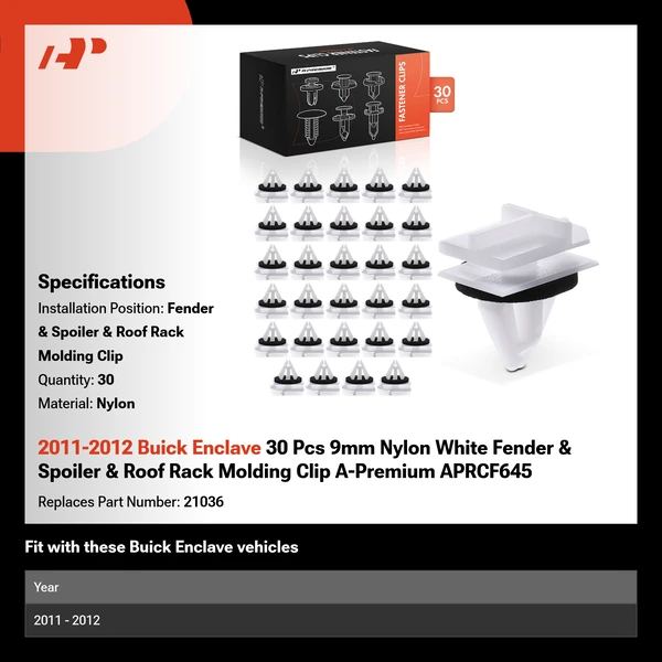 2011-2012 Buick Enclave 30 Pcs 9mm Nylon White Fender & Spoiler & Roof Rack Molding Clip A-Premium APRCF645