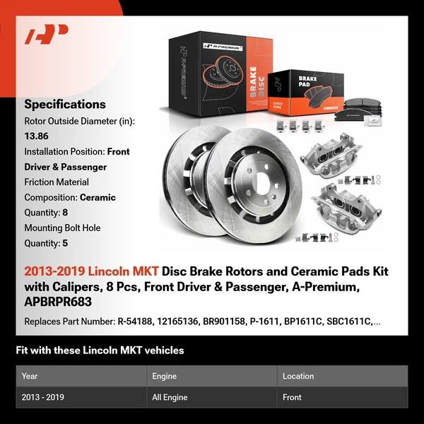 2013-2019 Lincoln MKT Disc Brake Rotors and Ceramic Pads Kit with Calipers, 8 Pcs, Front Driver & Passenger, A-Premium, APBRPR683