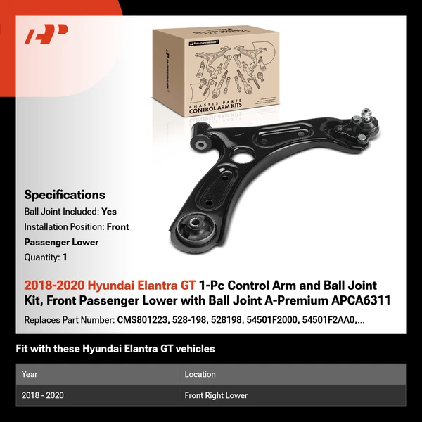 2018-2020 Hyundai Elantra GT 1-Pc Control Arm and Ball Joint Kit, Front Passenger Lower with Ball Joint A-Premium APCA6311