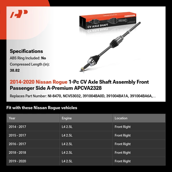 2014-2020 Nissan Rogue 1-Pc CV Axle Shaft Assembly Front Passenger Side A-Premium APCVA2328
