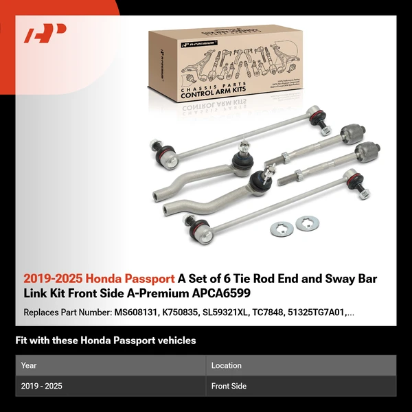 2019-2025 Honda Passport A Set of 6 Tie Rod End and Sway Bar Link Kit Front Side A-Premium APCA6599