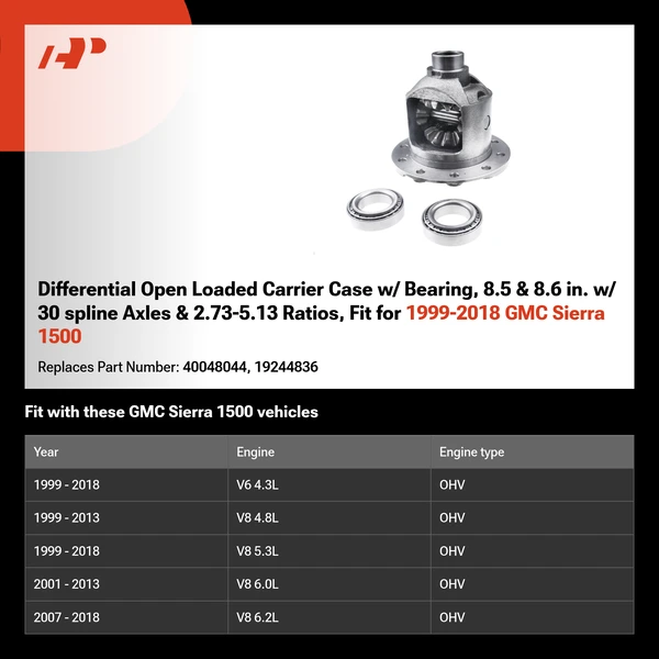 Differential Open Loaded Carrier Case w/ Bearing, 8.5 & 8.6 in. w/ 30 spline Axles & 2.73-5.13 Ratios, Fit for 1999-2018 GMC Sierra 1500