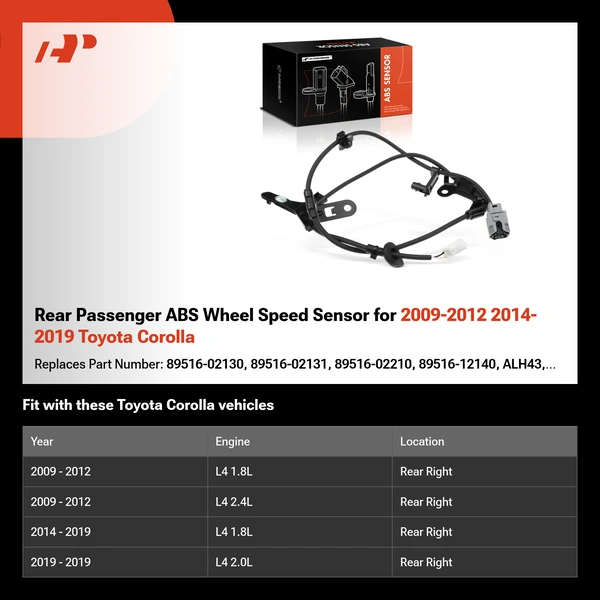 Rear Passenger ABS Wheel Speed Sensor for 2009-2012 2014-2019 Toyota Corolla