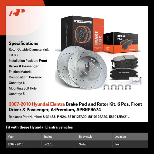2007-2010 Hyundai Elantra Brake Pad and Rotor Kit, 6 Pcs, Front Driver & Passenger, A-Premium, APBRPS674