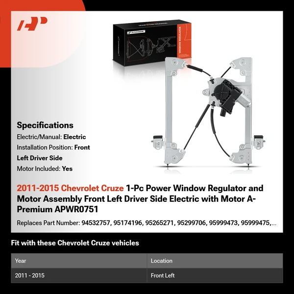 2011-2015 Chevrolet Cruze 1-Pc Power Window Regulator and Motor Assembly Front Left Driver Side Electric with Motor A-Premium APWR0751