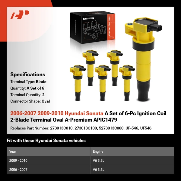 2006-2007 2009-2010 Hyundai Sonata A Set of 6-Pc Ignition Coil 2-Blade Terminal Oval A-Premium APIC1479