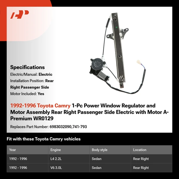 1992-1996 Toyota Camry 1-Pc Power Window Regulator and Motor Assembly Rear Right Passenger Side Electric with Motor A-Premium WR0129