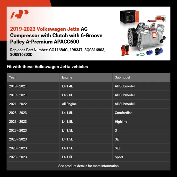 2019-2023 Volkswagen Jetta AC Compressor with Clutch with 6-Groove Pulley A-Premium APACC600
