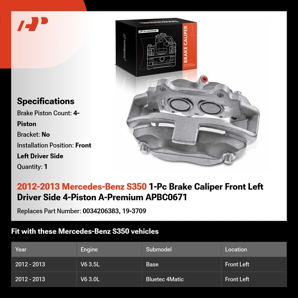 2012-2013 Mercedes-Benz S350 1-Pc Brake Caliper Front Left Driver Side 4-Piston A-Premium APBC0671