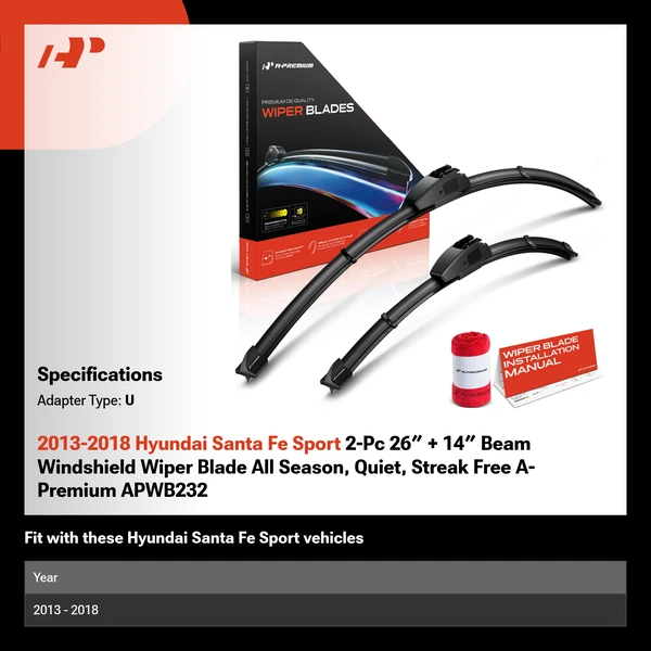 2013-2018 Hyundai Santa Fe Sport 2-Pc 26″ + 14″ Beam Windshield Wiper Blade All Season, Quiet, Streak Free A-Premium APWB232