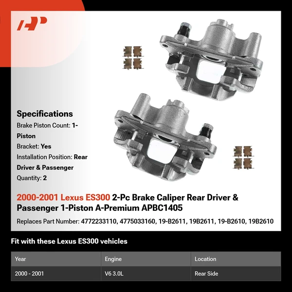 2000-2001 Lexus ES300 2-Pc Brake Caliper Rear Driver & Passenger 1-Piston A-Premium APBC1405