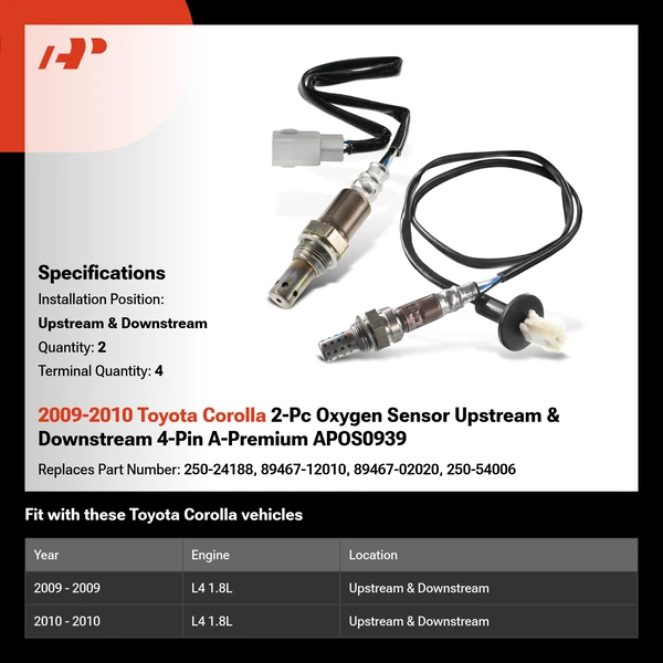 2009-2010 Toyota Corolla 2-Pc Oxygen Sensor Upstream & Downstream 4-Pin A-Premium APOS0939