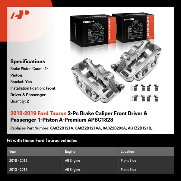 2010-2019 Ford Taurus 2-Pc Brake Caliper Front Driver & Passenger 1-Piston A-Premium APBC1828