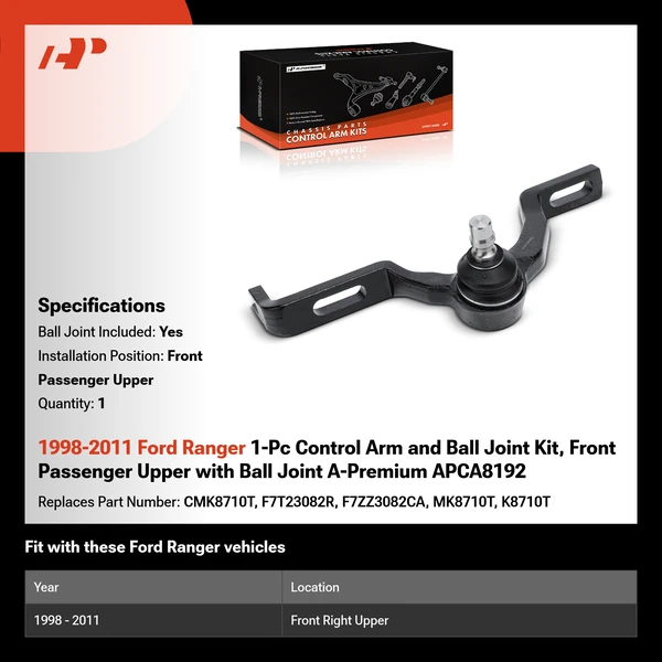 1998-2011 Ford Ranger 1-Pc Control Arm and Ball Joint Kit, Front Passenger Upper with Ball Joint A-Premium APCA8192