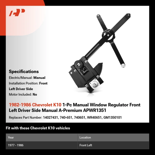1982-1986 Chevrolet K10 1-Pc Manual Window Regulator Front Left Driver Side Manual A-Premium APWR1351