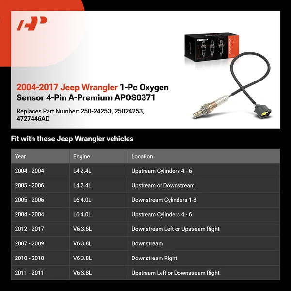 2004-2017 Jeep Wrangler 1-Pc Oxygen Sensor 4-Pin A-Premium APOS0371