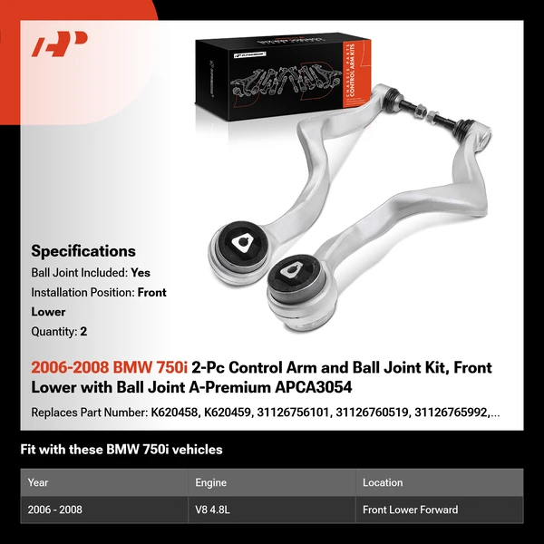 2006-2008 BMW 750i 2-Pc Control Arm and Ball Joint Kit, Front Lower with Ball Joint A-Premium APCA3054