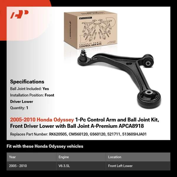 2005-2010 Honda Odyssey 1-Pc Control Arm and Ball Joint Kit, Front Driver Lower with Ball Joint A-Premium APCA8918