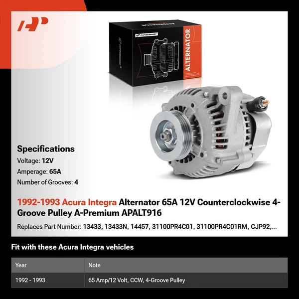 1992-1993 Acura Integra Alternator 65A 12V Counterclockwise 4-Groove Pulley A-Premium APALT916