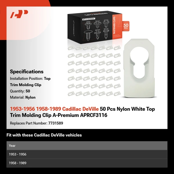 1953-1956 1958-1989 Cadillac DeVille 50 Pcs Nylon White Top Trim Molding Clip A-Premium APRCF3116