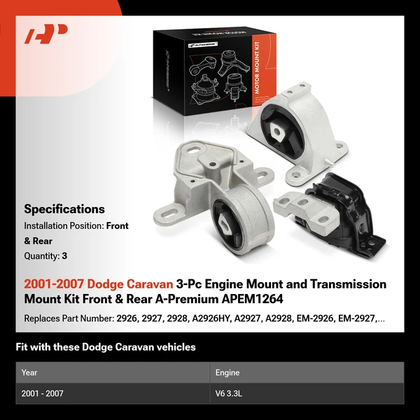 2001-2007 Dodge Caravan 3-Pc Engine Mount and Transmission Mount Kit Front & Rear A-Premium APEM1264