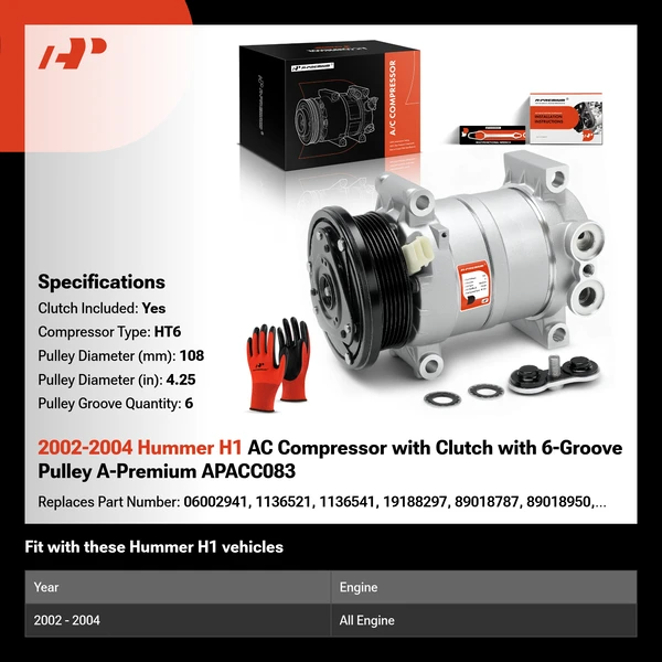 2002-2004 Hummer H1 AC Compressor with Clutch with 6-Groove Pulley A-Premium APACC083