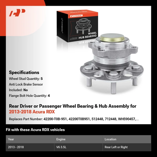 Rear Driver or Passenger Wheel Bearing & Hub Assembly for 2013-2018 Acura RDX