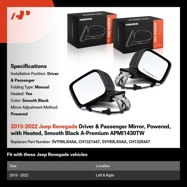 2015-2022 Jeep Renegade Driver & Passenger Mirror, Powered, with Heated, Smooth Black A-Premium APMI1430TW