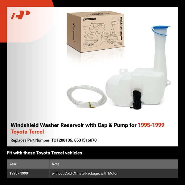 Windshield Washer Reservoir with Cap & Pump for 1995-1999 Toyota Tercel