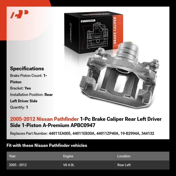2005-2012 Nissan Pathfinder 1-Pc Brake Caliper Rear Left Driver Side 1-Piston A-Premium APBC0947