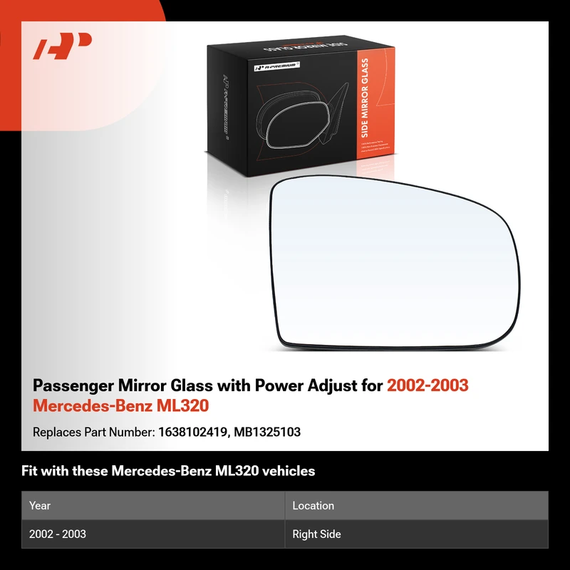Passenger Mirror Glass with Power Adjust for 2002-2003 Mercedes-Benz ML320