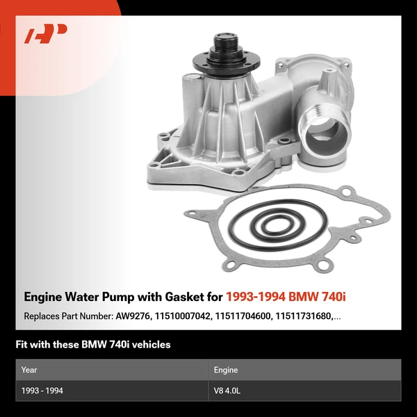 Engine Water Pump with Gasket for 1993-1994 BMW 740i