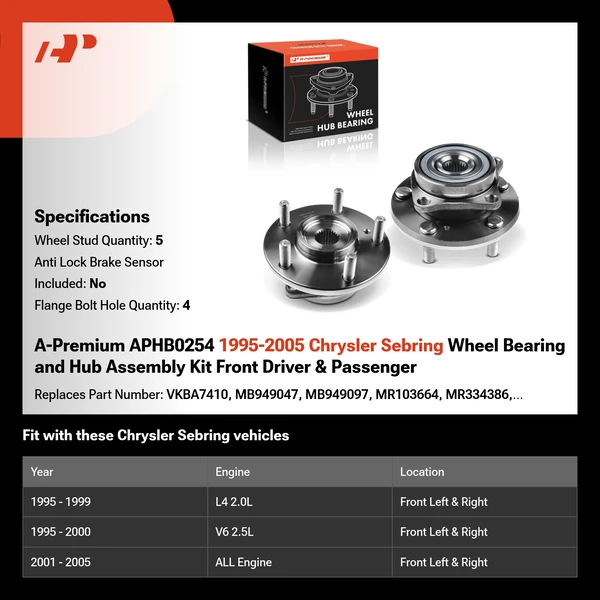A-Premium APHB0254 1995-2005 Chrysler Sebring Wheel Bearing and Hub Assembly Kit Front Driver & Passenger