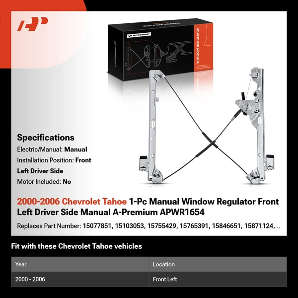 2000-2006 Chevrolet Tahoe 1-Pc Manual Window Regulator Front Left Driver Side Manual A-Premium APWR1654