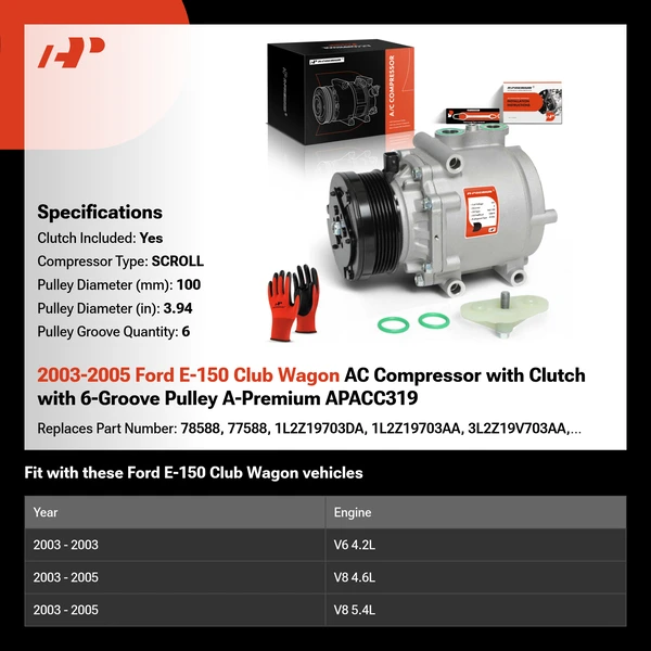 2003-2005 Ford E-150 Club Wagon AC Compressor with Clutch with 6-Groove Pulley A-Premium APACC319