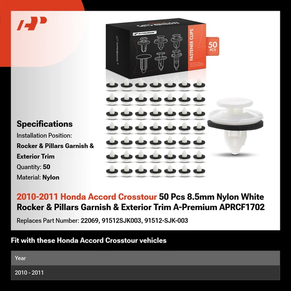 2010-2011 Honda Accord Crosstour 50 Pcs 8.5mm Nylon White Rocker & Pillars Garnish & Exterior Trim A-Premium APRCF1702