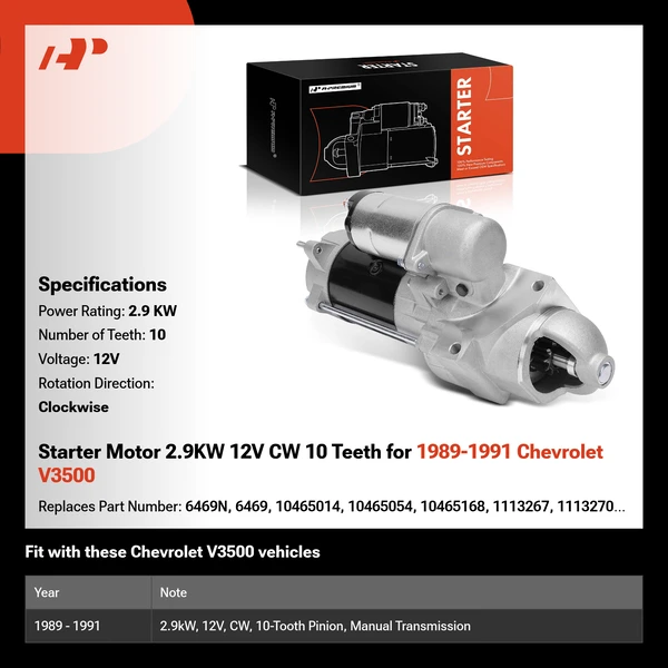 Starter Motor 2.9KW 12V CW 10 Teeth for 1989-1991 Chevrolet V3500