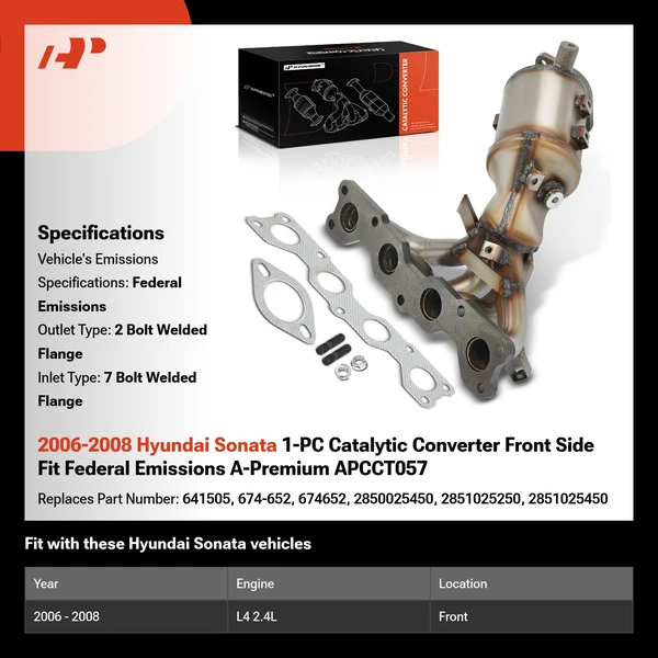 2006-2008 Hyundai Sonata 1-PC Catalytic Converter Front Side Fit Federal Emissions A-Premium APCCT057