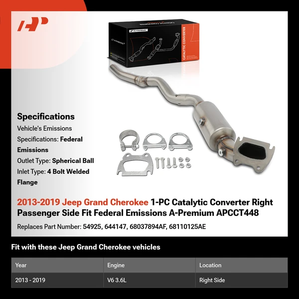 2013-2019 Jeep Grand Cherokee 1-PC Catalytic Converter Right Passenger Side Fit Federal Emissions A-Premium APCCT448