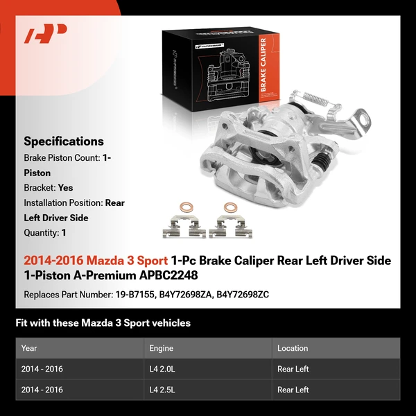 2014-2016 Mazda 3 Sport 1-Pc Brake Caliper Rear Left Driver Side 1-Piston A-Premium APBC2248