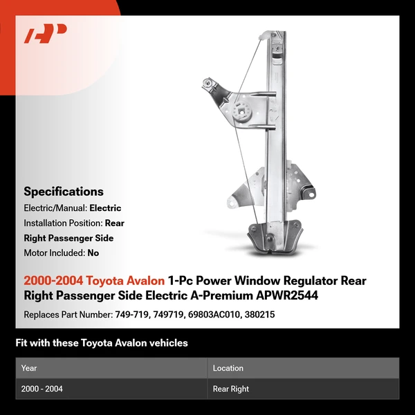 2000-2004 Toyota Avalon 1-Pc Power Window Regulator Rear Right Passenger Side Electric A-Premium APWR2544