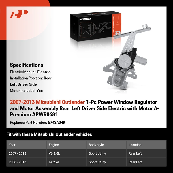 2007-2013 Mitsubishi Outlander 1-Pc Power Window Regulator and Motor Assembly Rear Left Driver Side Electric with Motor A-Premium APWR0681
